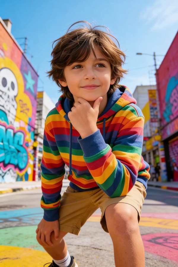 Boy in rainbow sweater