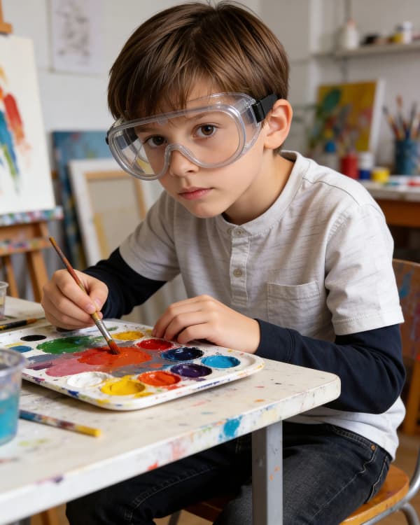 Boy painting at desk