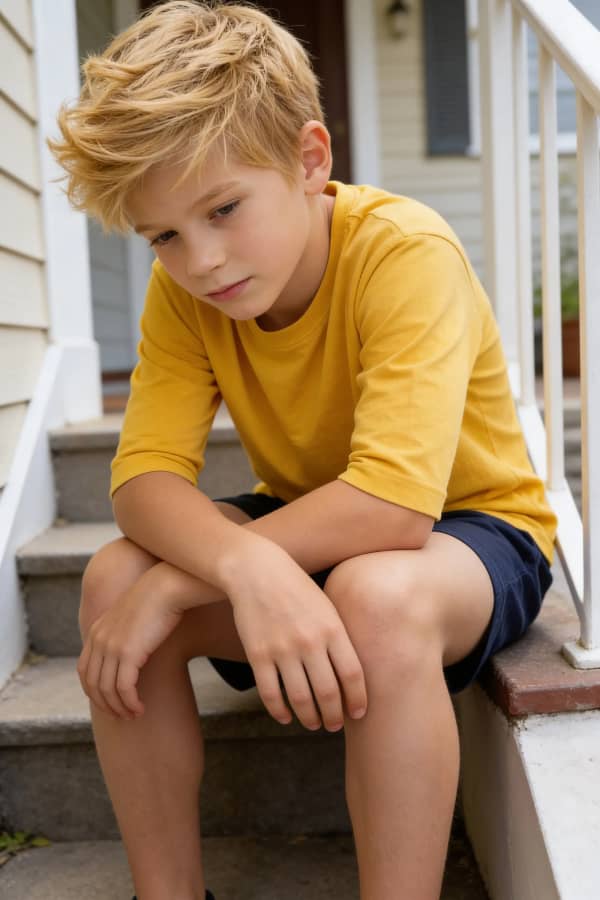 Boy sitting on steps