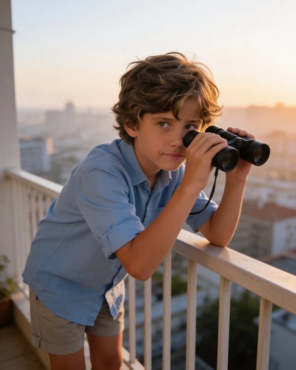 Boy with binoculars on balcony