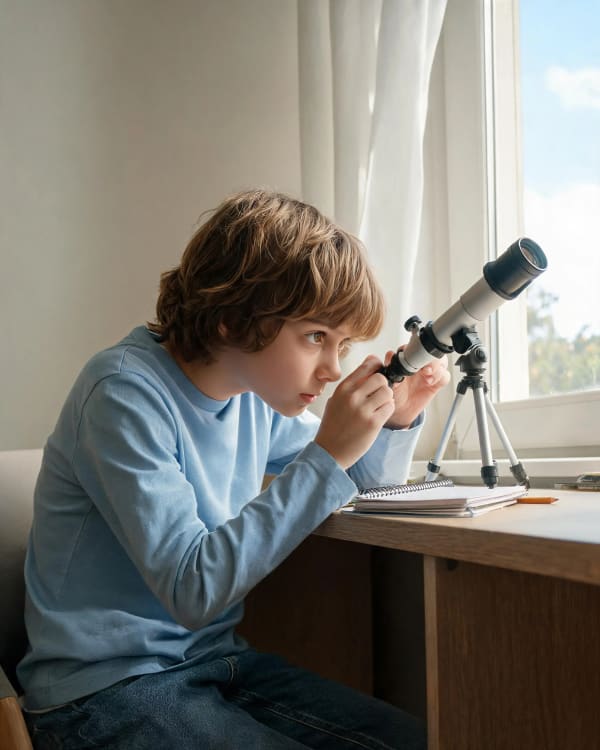 Boy looking through microscope
