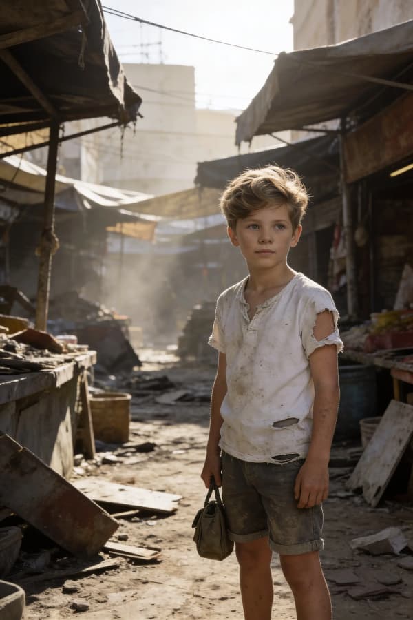 Boy in dusty ruined street