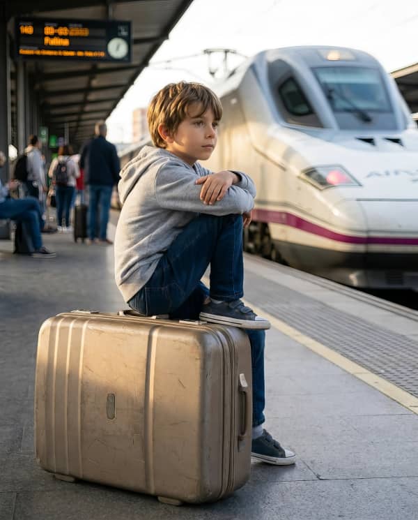Boy on luggage at station