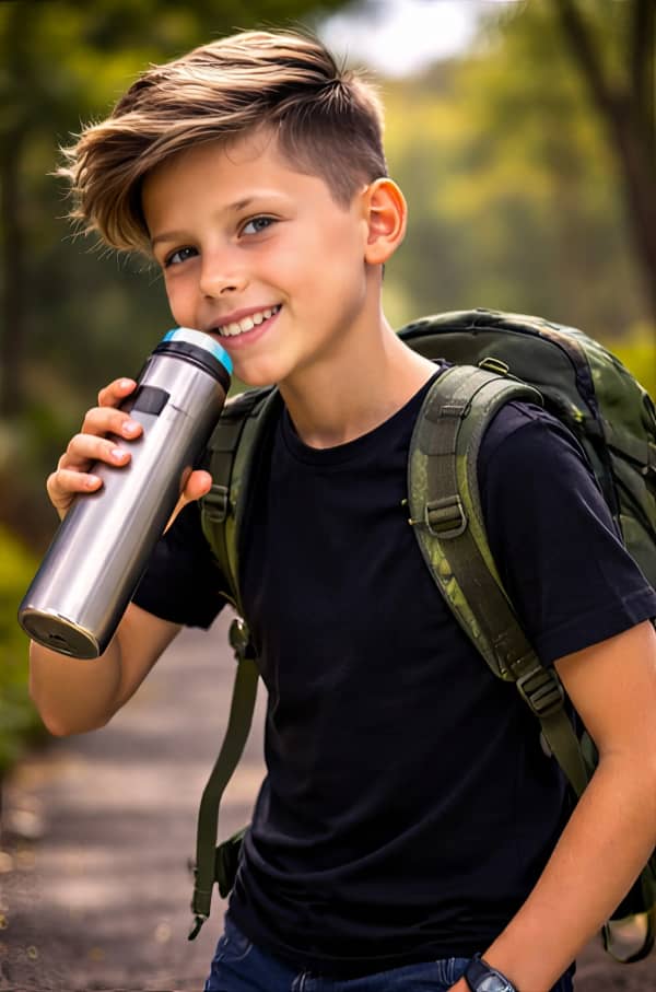 Boy with backpack and water bottle
