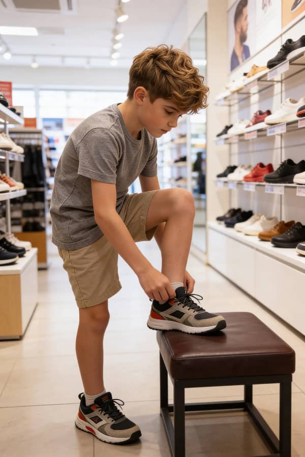 Boy tying shoe in store