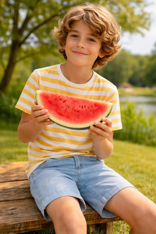 Boy eating watermelon slice