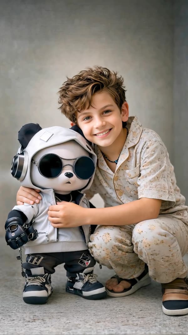 Smiling Boy Hugging Stylish Panda Toy with Sunglasses