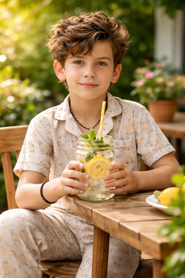 Boy holding drink with plants