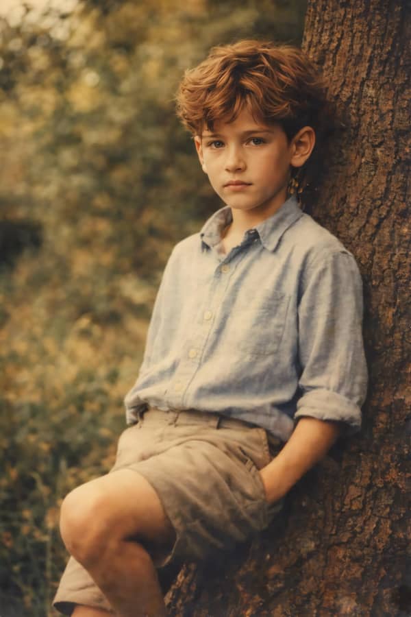 Boy sitting on tree root