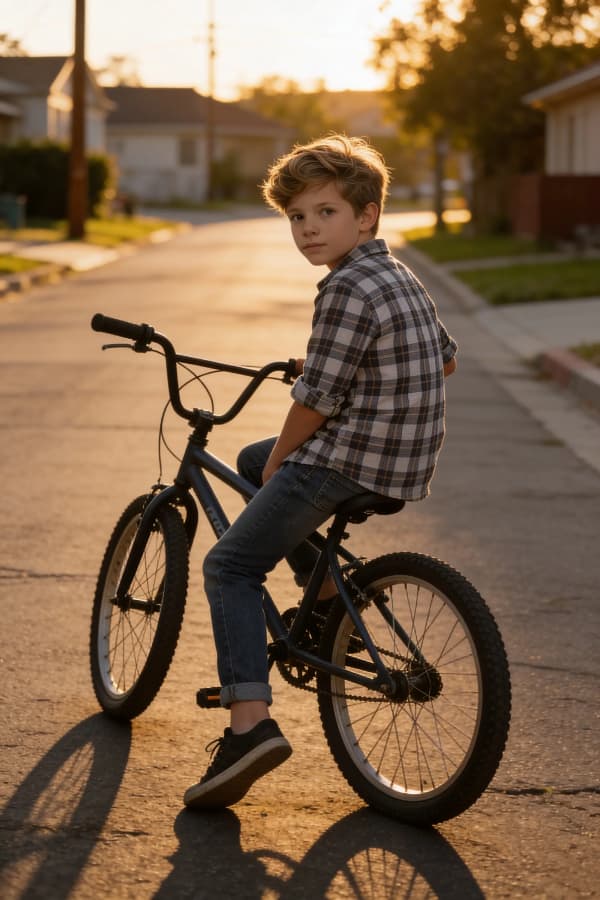 Boy with bicycle on street