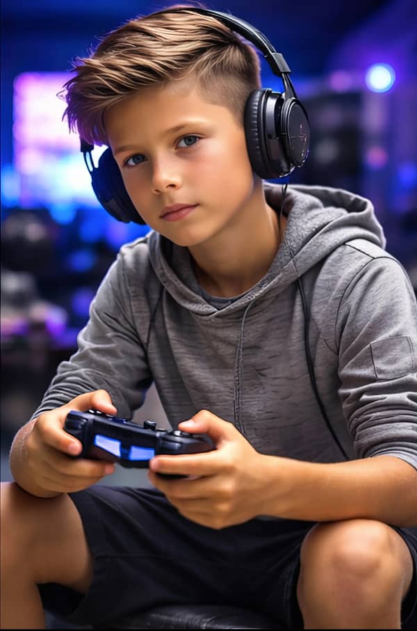 Boy playing video game with controller