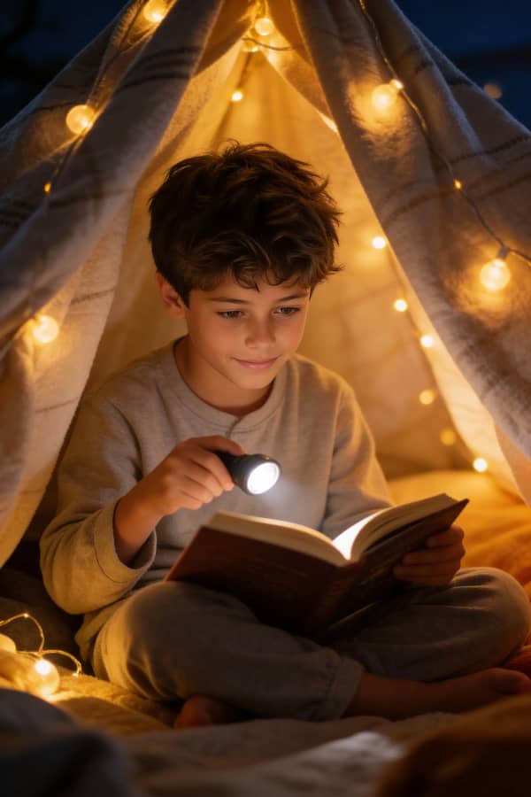 Boy reading in blanket fort