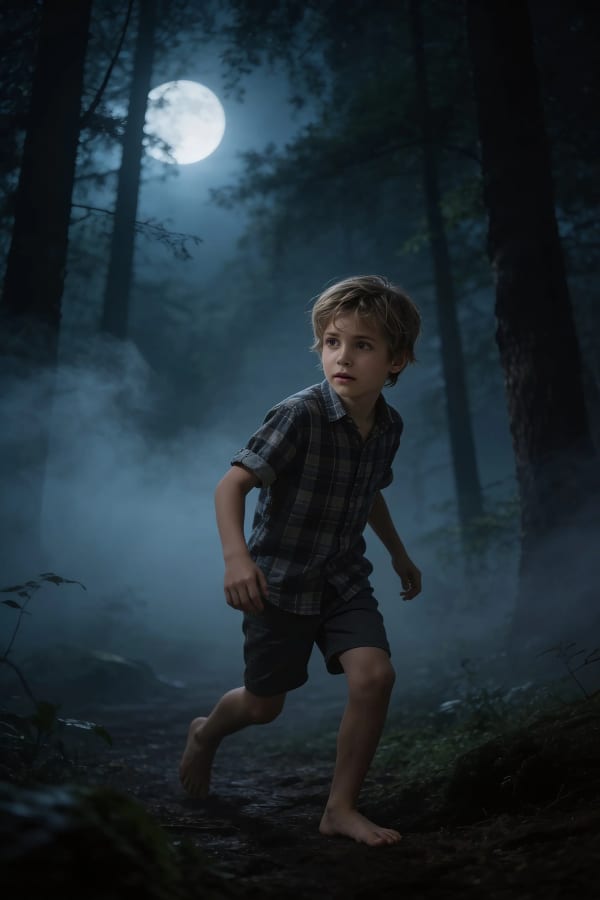 Boy in misty forest
