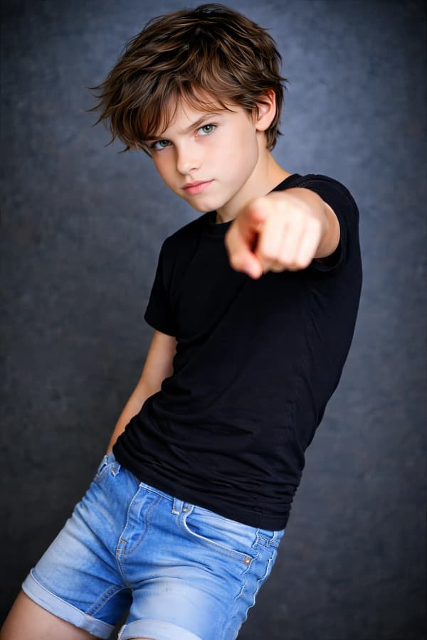 Boy Pointing Forward Pose In Dark Studio