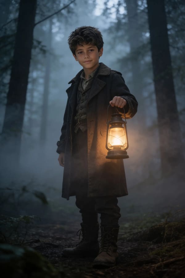 Boy with lantern in forest