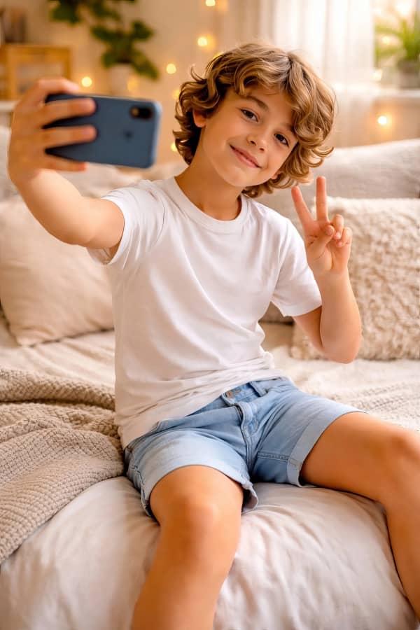 Boy taking selfie on bed
