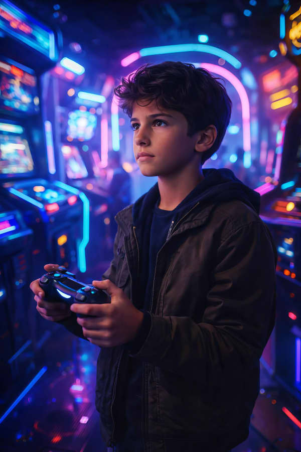 Boy with neon cyberpunk lights
