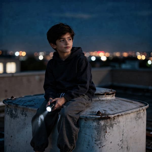 Boy sitting on rooftop