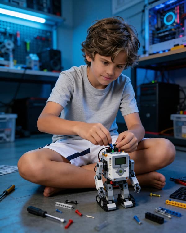 Boy playing with robot toy