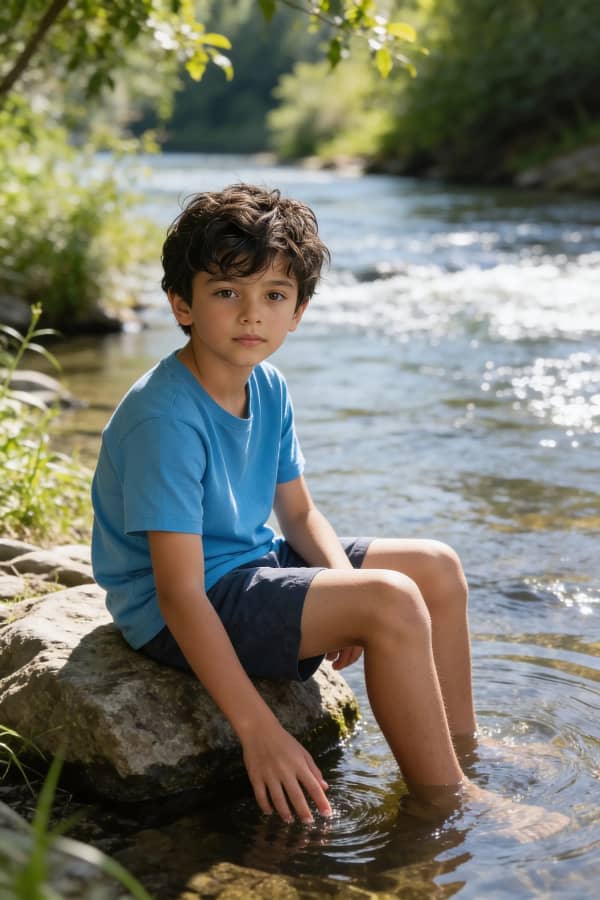 Boy sitting by river
