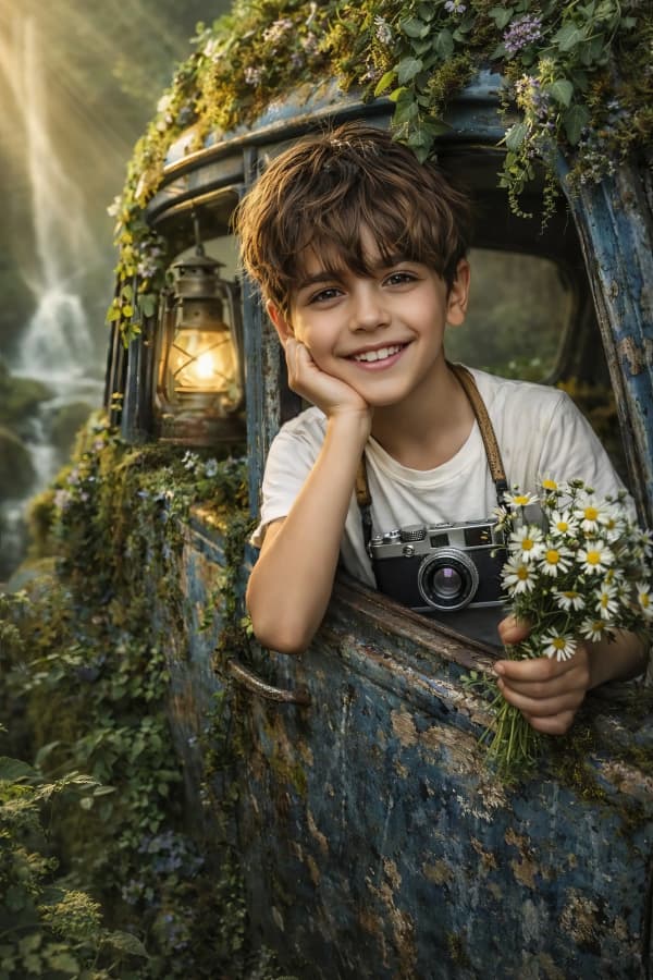 Boy in glowing forest