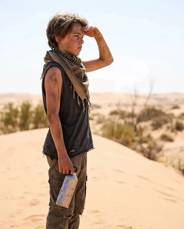 Boy looking far in desert