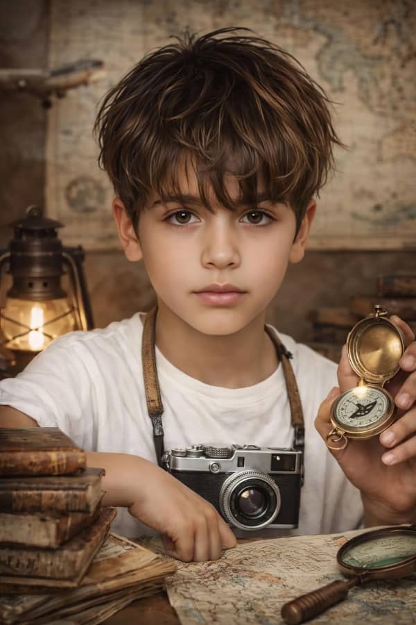 Boy with compass and maps
