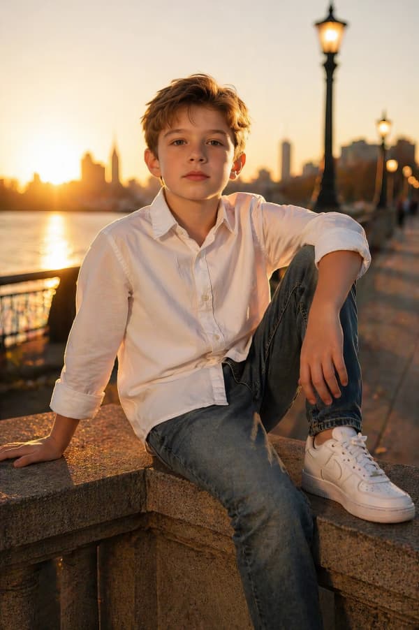 Boy on bench at sunset
