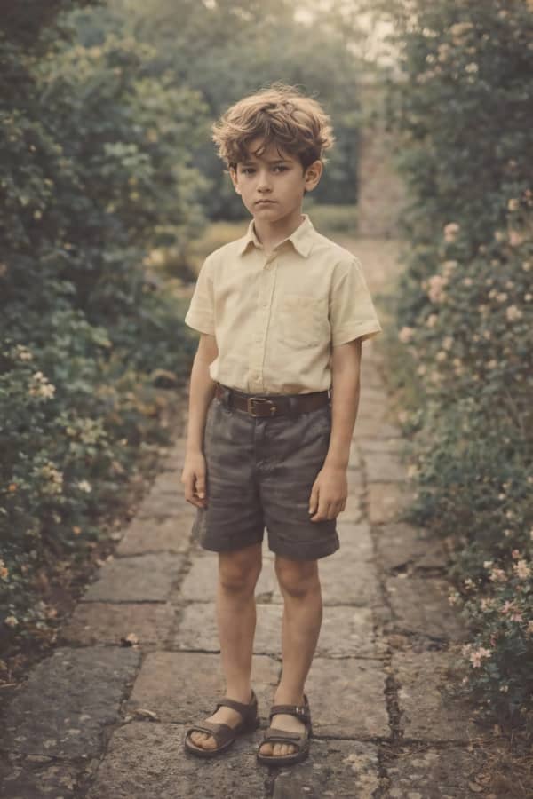 Boy standing on woodland path