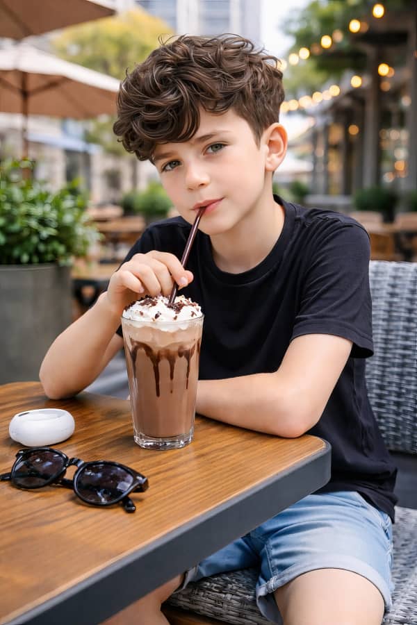 Boy drinking iced coffee