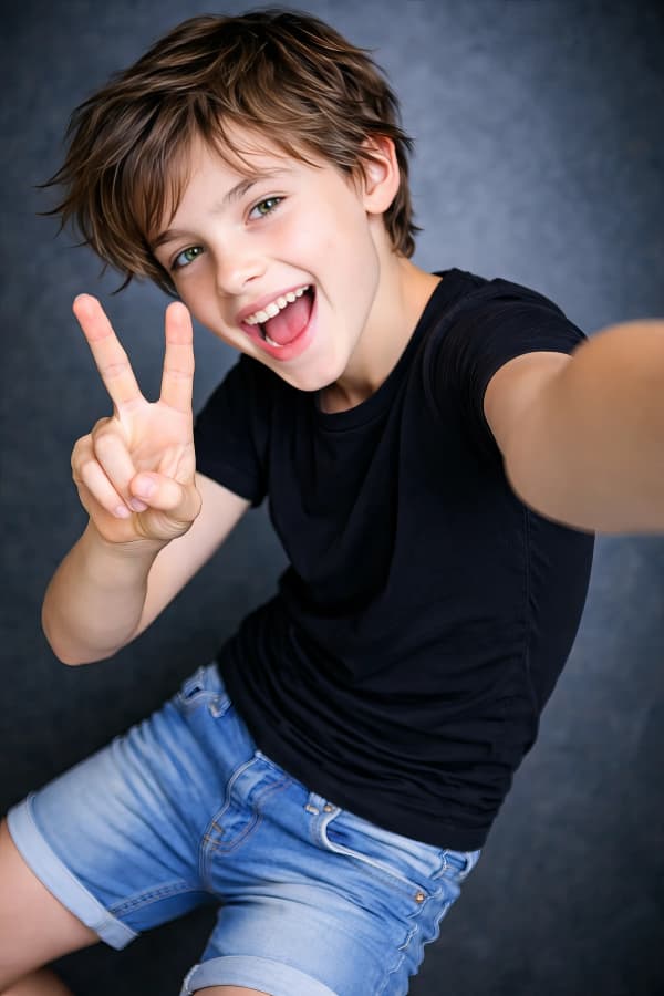 Boy Making Peace Sign Pose In Dark Studio
