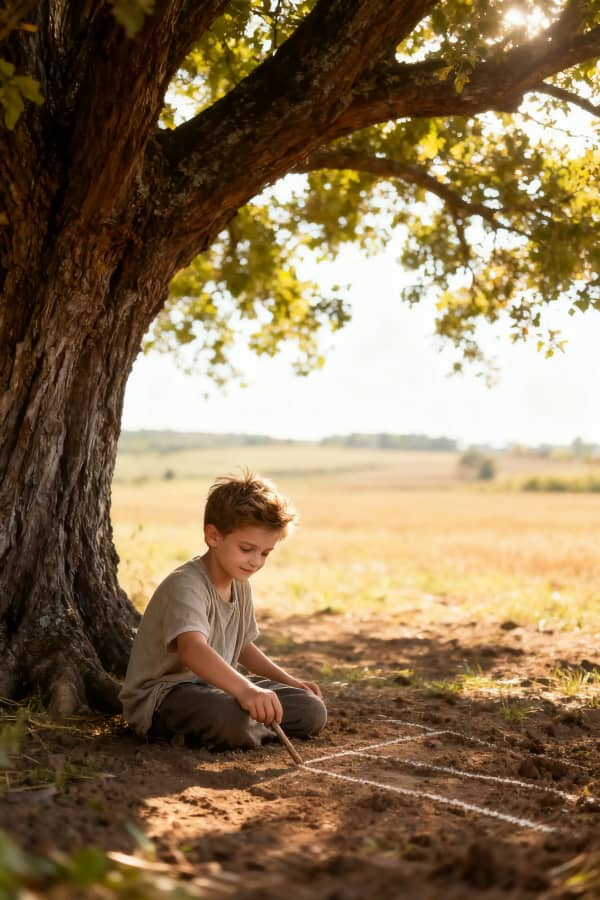 Boy sitting under tree