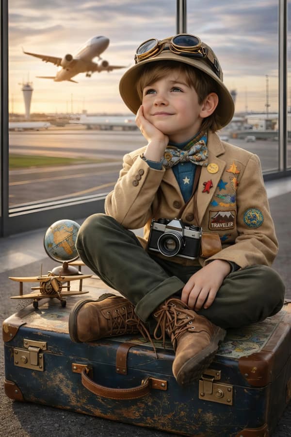 Boy sitting on vintage luggage