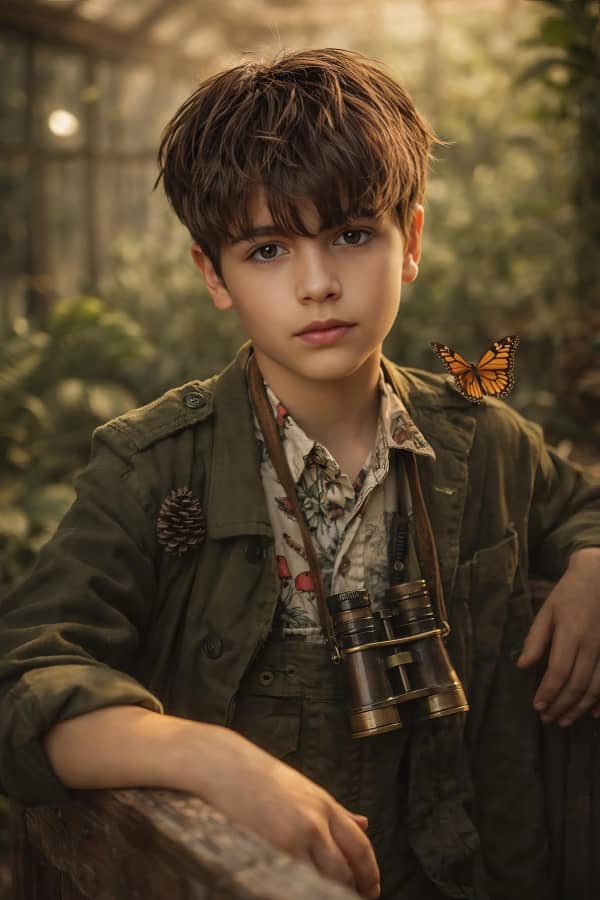 Boy looking up in forest