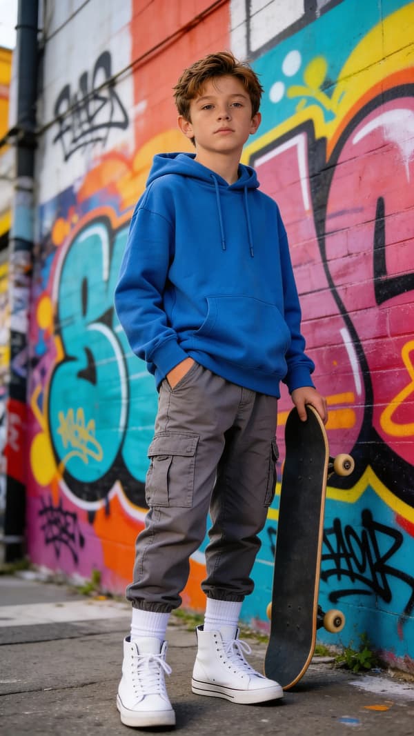 Boy by graffiti wall