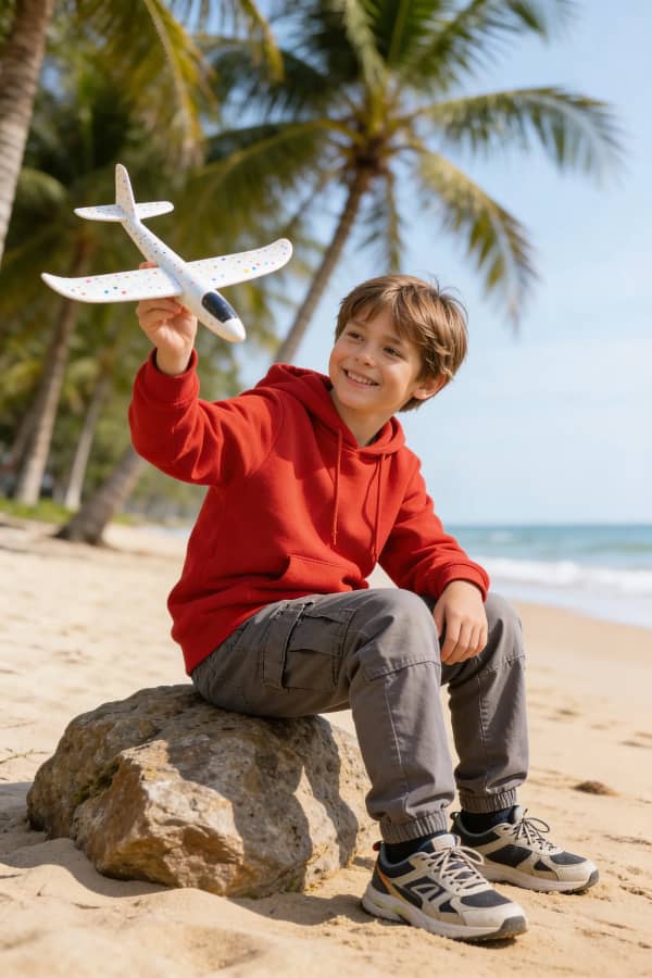 Boy with toy plane on beach
