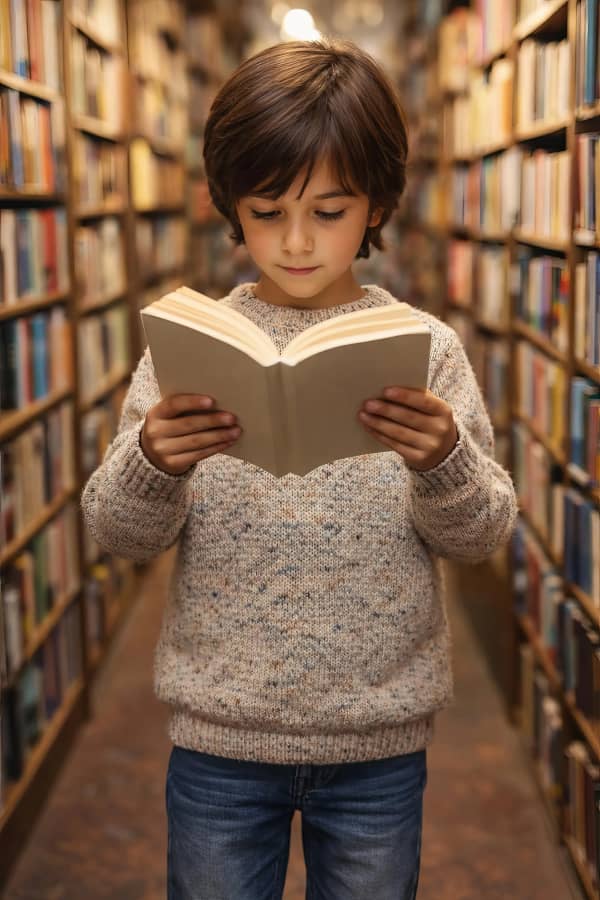 Boy reading in library