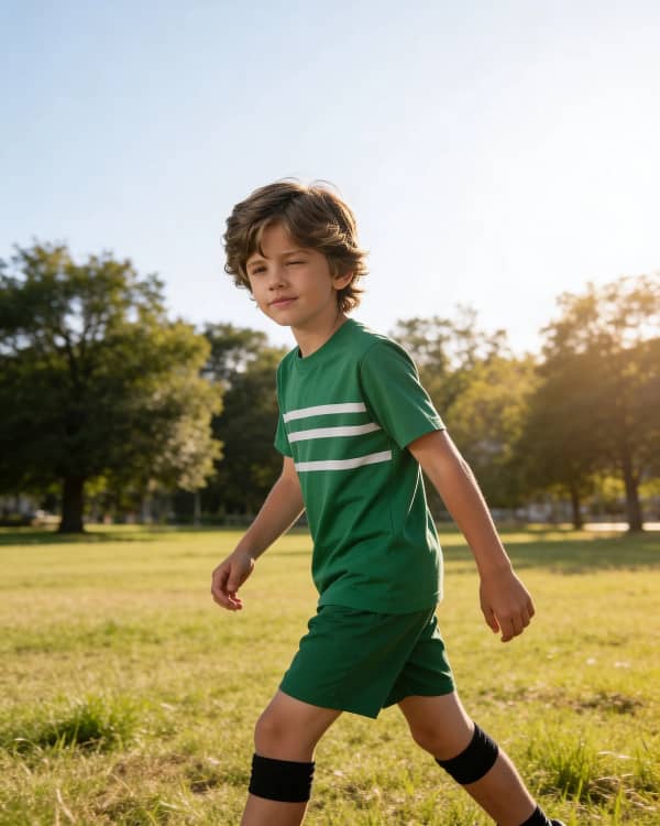 Boy walking in green field