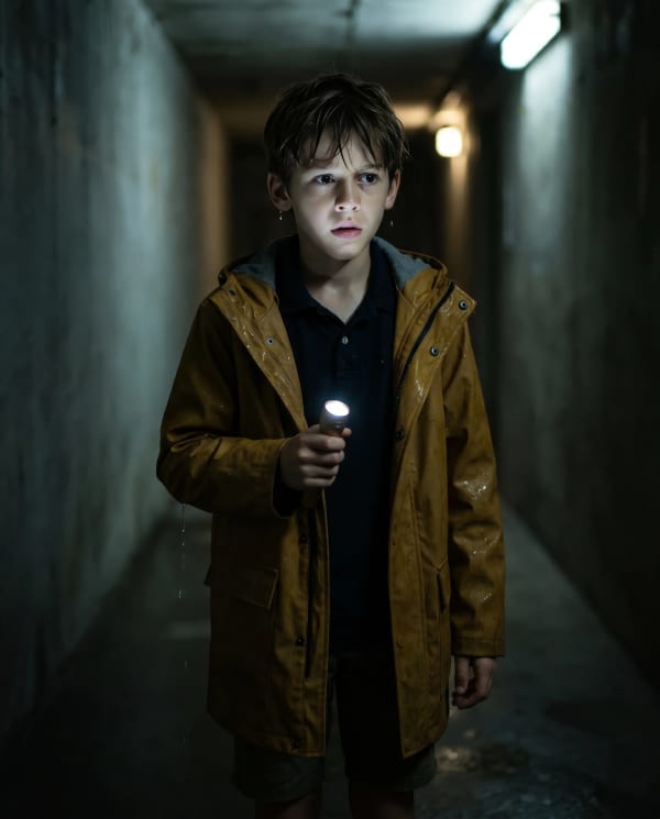 Boy with flashlight in hallway