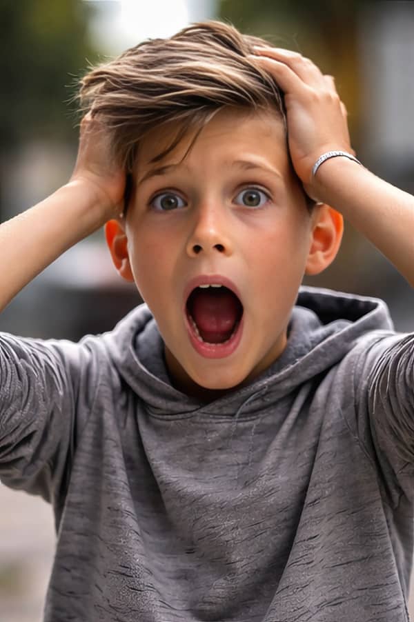 Boy shouting with hands on head