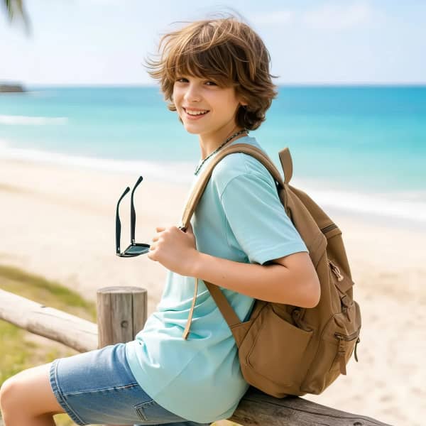 Boy Showing Double Thumbs Up Pose At Beach