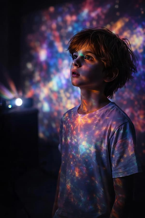 Boy with magical galaxy lights