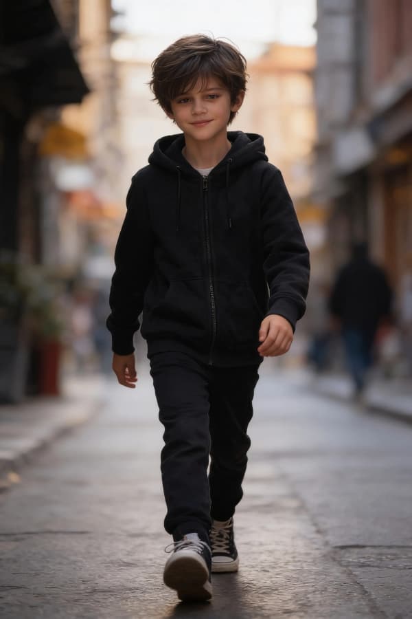 Boy walking on city street