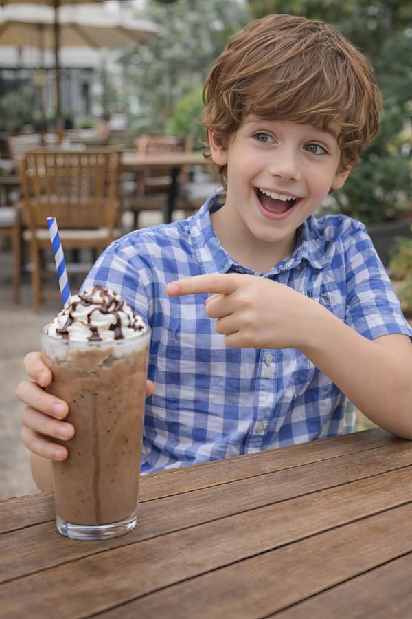 Boy pointing at milkshake