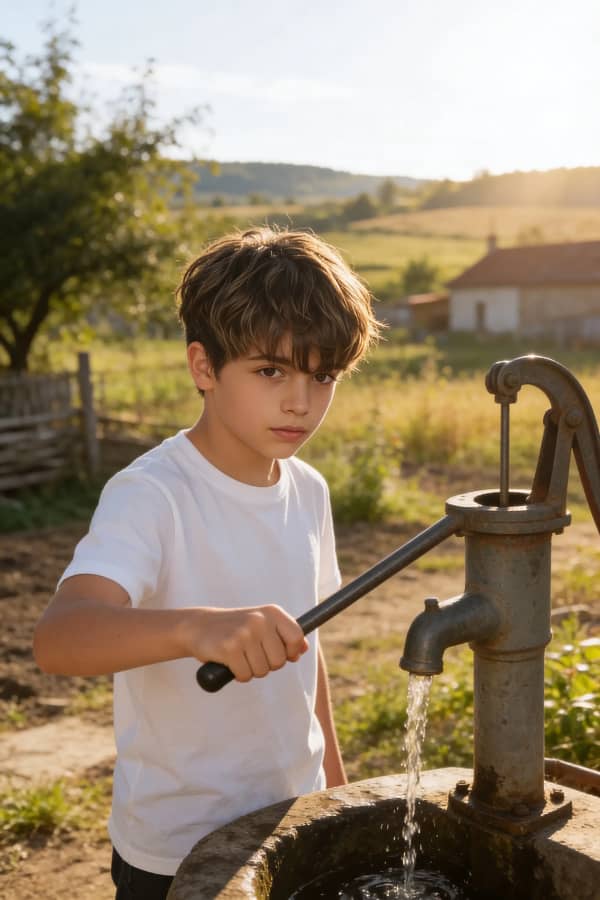 Boy using hand water pump