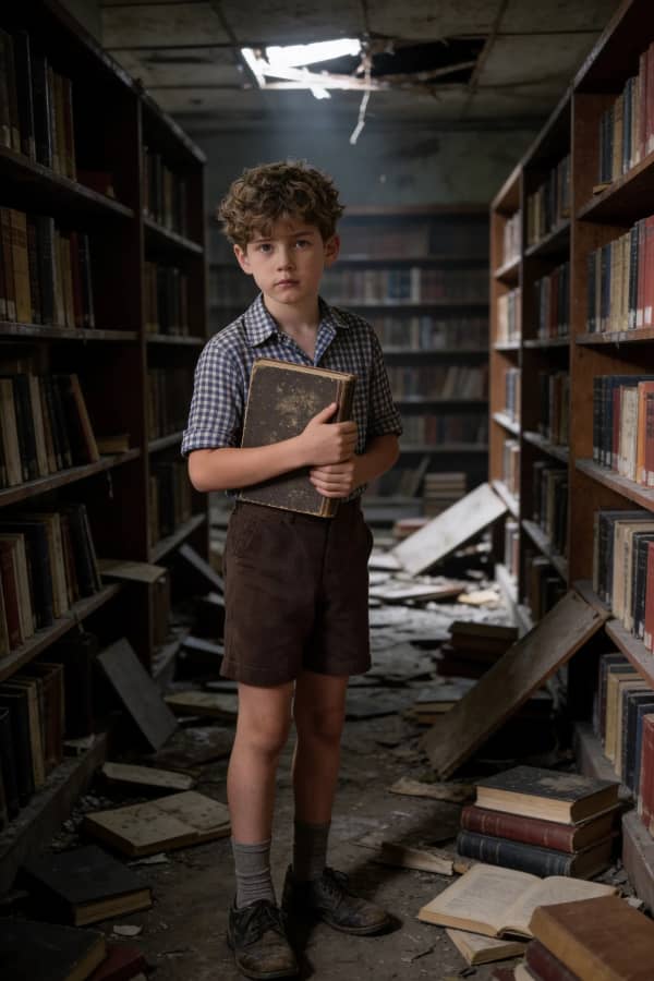 Boy in ruined library