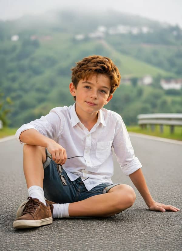 Boy sitting on road