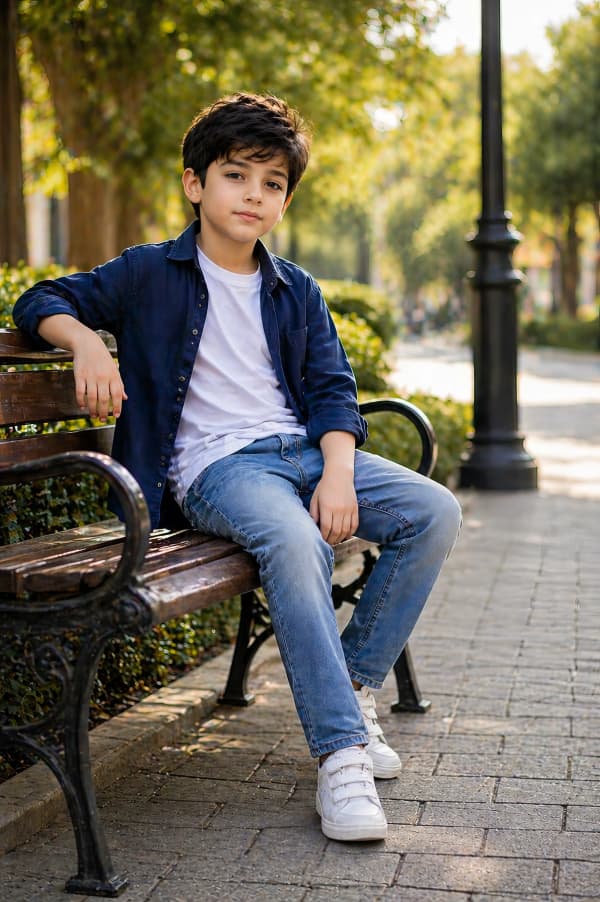 Boy sitting on city bench
