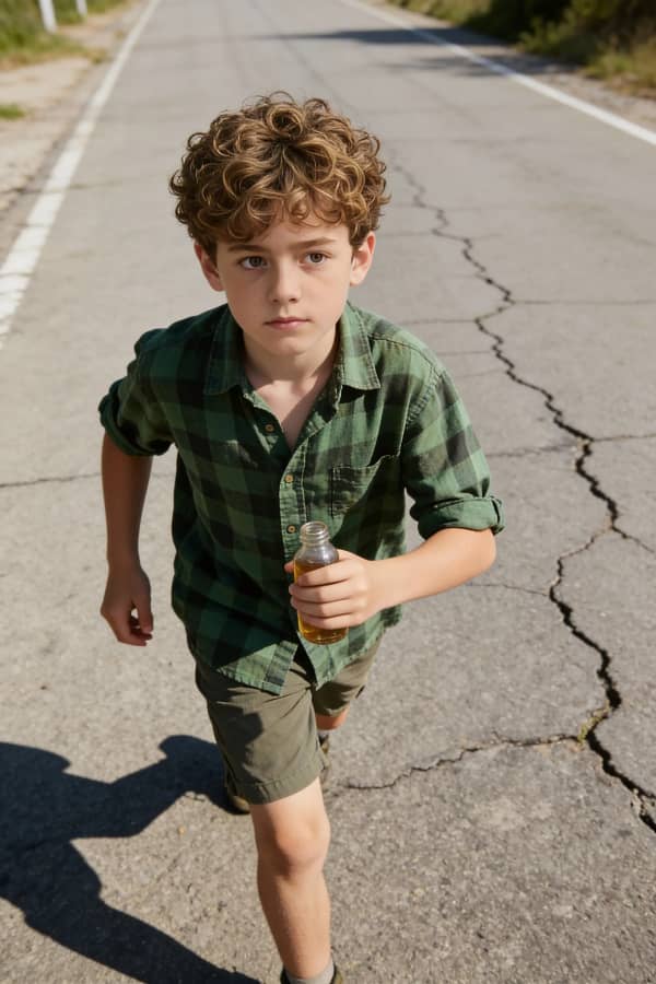 Boy walking on cracked road