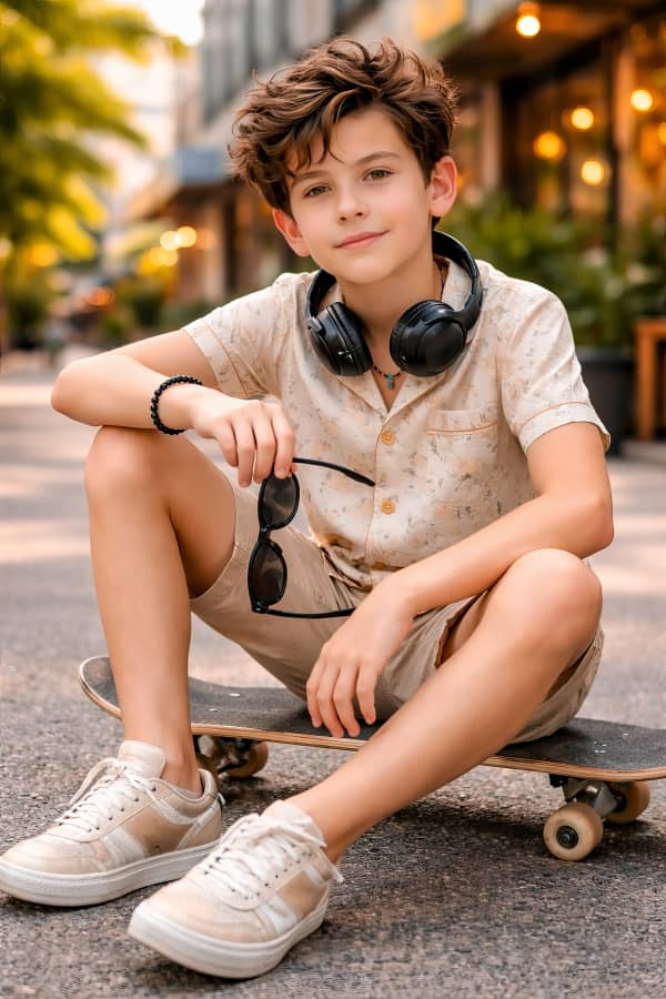 Boy sitting on wooden steps